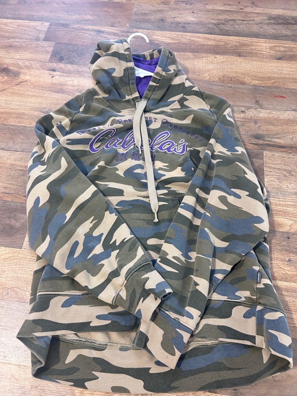 Cabela's Green and Tan Camouflage Hoodie with Purple Accent